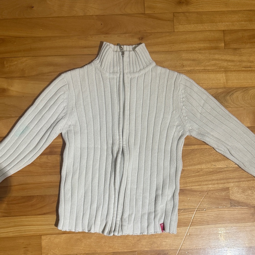 White Ribbed Zip-Up knit Sweater